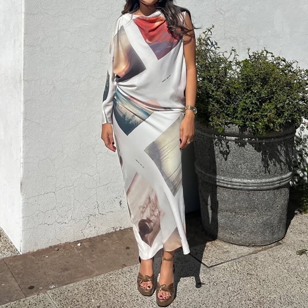ZARA ZW COLLECTION PRINTED ASYMMETRIC DRESS Abstract Print Large NWT - Picture 6 of 10